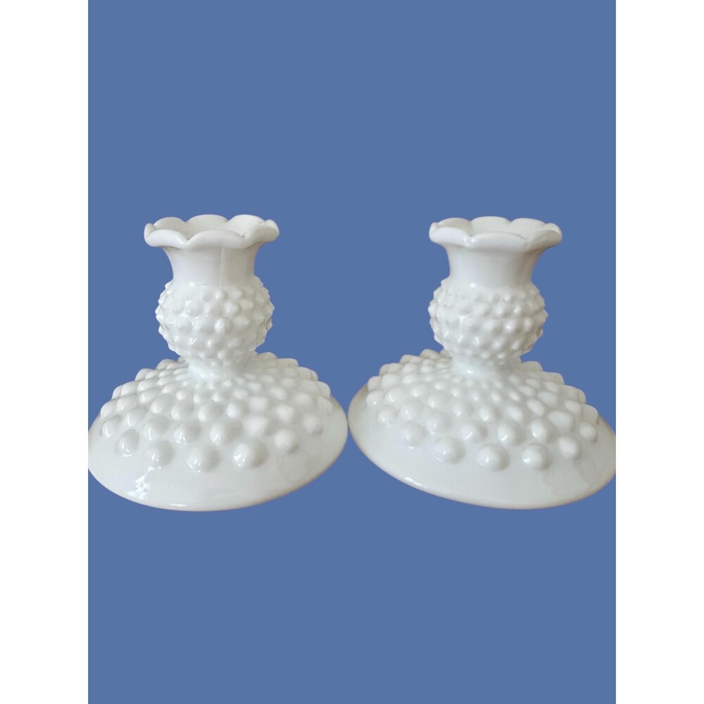 Two FENTON rare Signed Hobnail Milk Glass Candle Holders Cottage Chic Vintage
